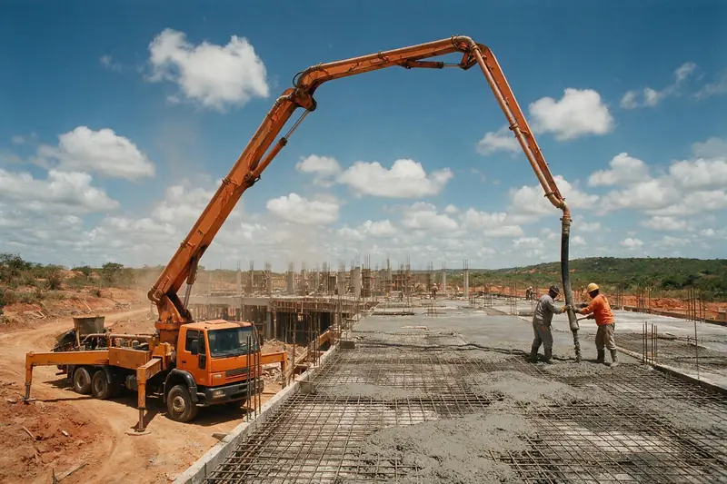 Bomba lança aplicando concreto em obra