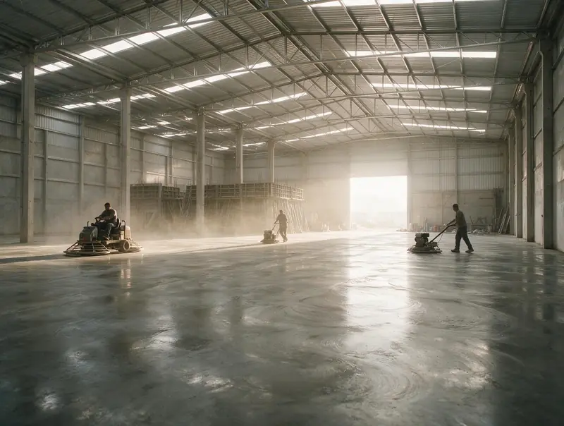 Piso industrial sendo acabado dentro de um galpão