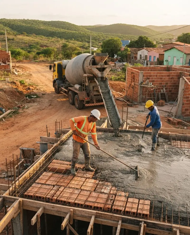 Caminhão betoneira concretando uma laje residencial